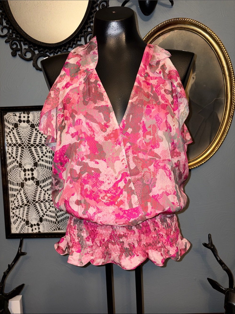 Ramy Brook Pink Camo V-Neck Flutter Sleeve Blouse